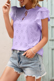 Hollow Lace Up Round Neck Ruffle Sleeve T-Shirt