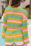 Round Neck Striped Hollow Long Sleeved Knitted Sweater
