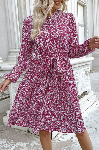 High Waisted Round Neck Pleated Floral Print Dress