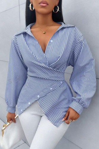 Summer Lapel Striped Long Sleeved Shirt
