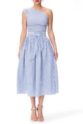 Summer Diagonal Shoulder Striped Printed Dress