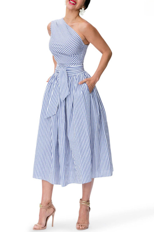 Summer Diagonal Shoulder Striped Printed Dress