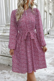 High Waisted Round Neck Pleated Floral Print Dress
