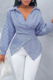 Summer Lapel Striped Long Sleeved Shirt