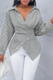 Summer Lapel Striped Long Sleeved Shirt