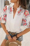 Embroidered Solid Color V-Neck Lantern Short Sleeved T-Shirt