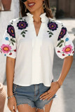 Embroidered Solid Color V-Neck Lantern Short Sleeved T-Shirt