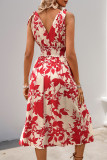 Flower Print Sleeveless Waist Cinching Backless Dress