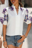 Embroidered Solid Color V-Neck Lantern Short Sleeved T-Shirt