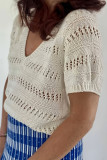 Solid Color Hollow Knitted V-Neck Short Sleeve Shirt