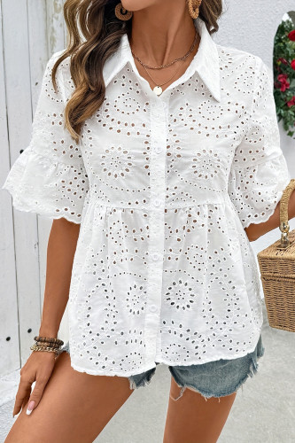 Lapel Hollowed Out Embroidered Short Sleeved Shirt
