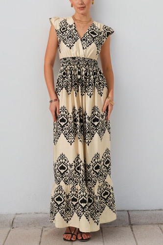 Ethnic Style V-Neck High Waisted Flying Sleeve Dress