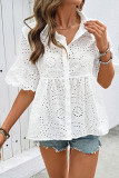 Lapel Hollowed Out Embroidered Short Sleeved Shirt