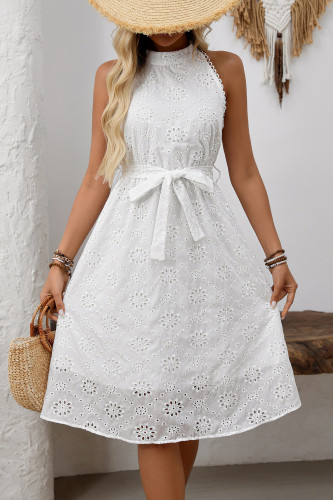 Embroidered High Waisted Hanging Neck Sleeveless Dress