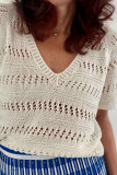 Solid Color Hollow Knitted V-Neck Short Sleeve Shirt