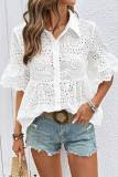Solid Color Lapel Lace Hollow Short Sleeved T-Shirt