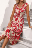 Flower Print Sleeveless Waist Cinching Backless Dress