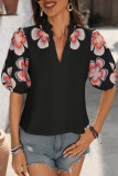 Embroidered Solid Color V-Neck Lantern Short Sleeved T-Shirt