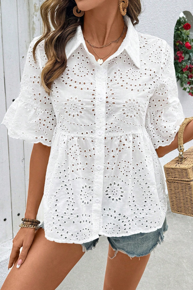 Solid Color Lapel Lace Hollow Short Sleeved T-Shirt