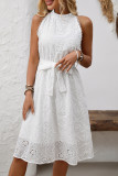Embroidered High Waisted Hanging Neck Sleeveless Dress