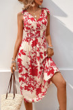 Flower Print Sleeveless Waist Cinching Backless Dress