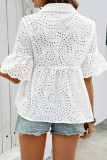 Lapel Hollowed Out Embroidered Short Sleeved Shirt