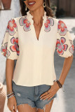 Embroidered Solid Color V-Neck Lantern Short Sleeved T-Shirt