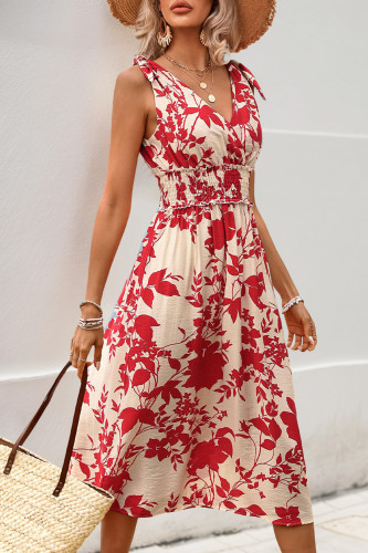 Flower Print Sleeveless Waist Cinching Backless Dress