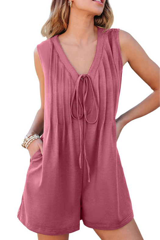Solid Color V-Neck Sleeveless Pleated Jumpsuit Shorts