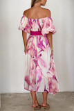 One Shoulder Cinched Waist Bubble Sleeve Printed Dress