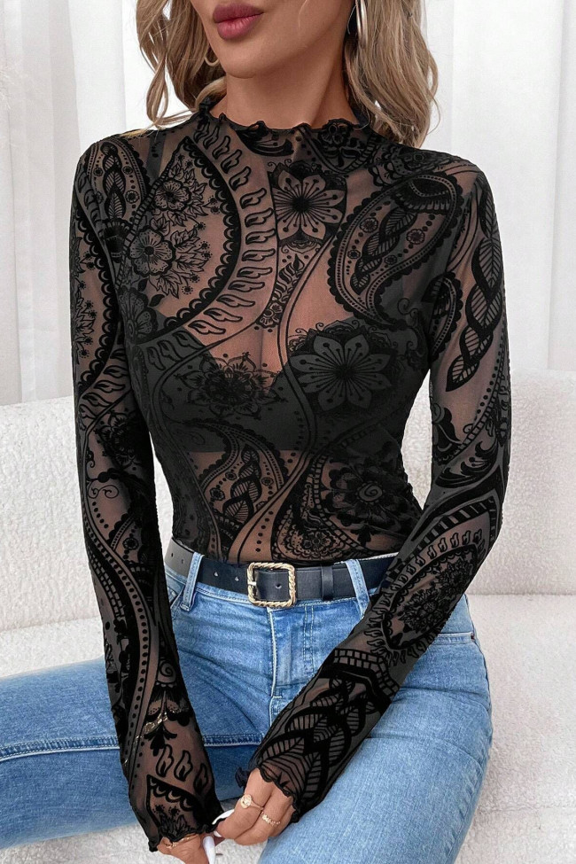 Printed Mesh Ruffle Edge Long Sleeved T-Shirt