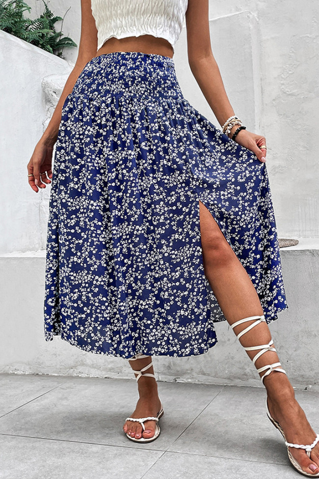 Summer Holiday Style Floral Print Split Skirt