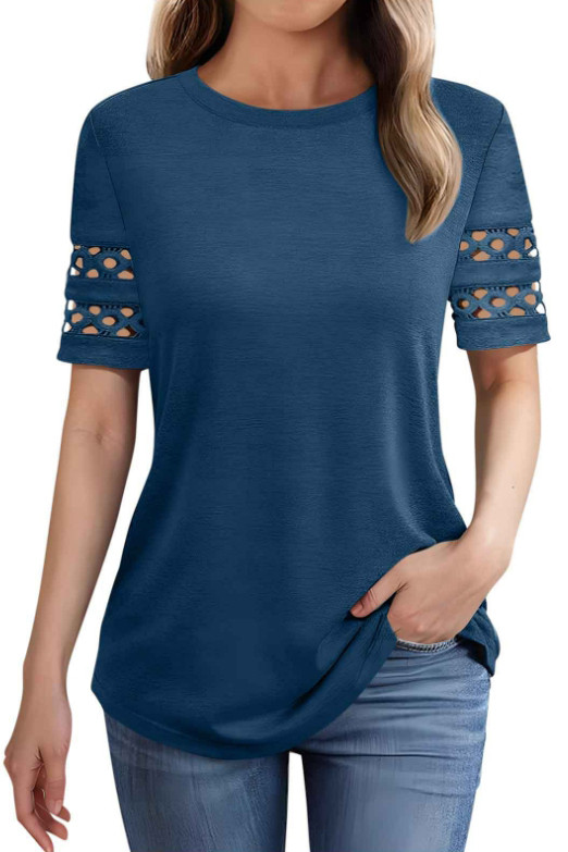 Round Neck Hollowed Out Short Sleeved T-Shirt