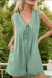 Solid Color V-Neck Sleeveless Pleated Jumpsuit Shorts