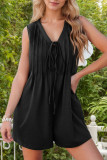 Solid Color V-Neck Sleeveless Pleated Jumpsuit Shorts