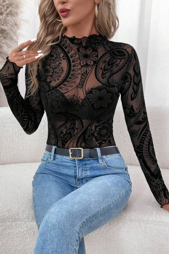 Printed Mesh Ruffle Edge Long Sleeved T-Shirt