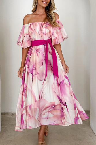 One Shoulder Cinched Waist Bubble Sleeve Printed Dress