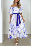 One Shoulder Cinched Waist Bubble Sleeve Printed Dress