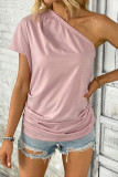 Pink Single Shoulder Pleated Short Sleeved T-Shirt