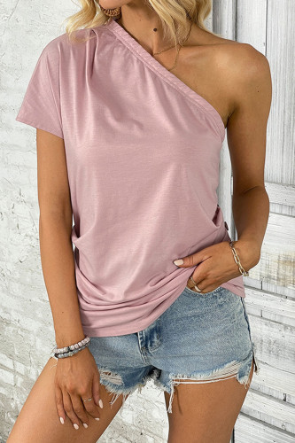 Pink Single Shoulder Pleated Short Sleeved T-Shirt