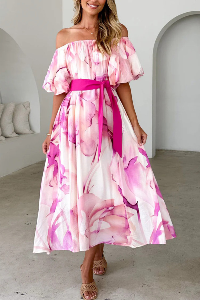 One Shoulder Cinched Waist Bubble Sleeve Printed Dress
