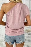 Pink Single Shoulder Pleated Short Sleeved T-Shirt