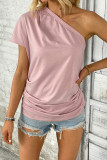 Pink Single Shoulder Pleated Short Sleeved T-Shirt