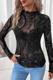 Printed Mesh Ruffle Edge Long Sleeved T-Shirt