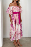 One Shoulder Cinched Waist Bubble Sleeve Printed Dress