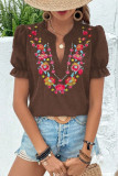 V-Neck Embroidery Bubble Short Sleeved Chiffon Shirt