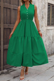 High Waisted Sleeveless Solid Color V-Neck Dress