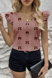 Summer V-Neck Short Sleeved Bow Printed Shirt