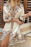 Printed V-Neck Seven Quarter Sleeve Waist Cinched Dress