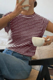 Summer Striped Round Neck Knitted Bat Sleeve T-Shirt
